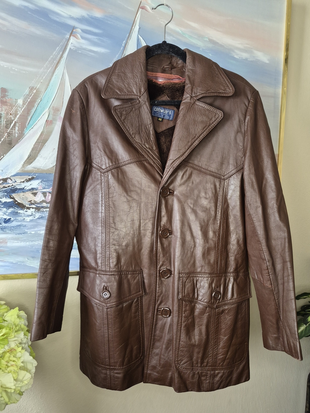 Men's Brown Leather Button-Front Bomber Jacket by Crowleys